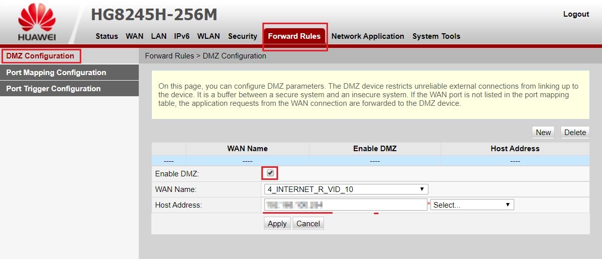 port forwarding to Huawei enable DMZ