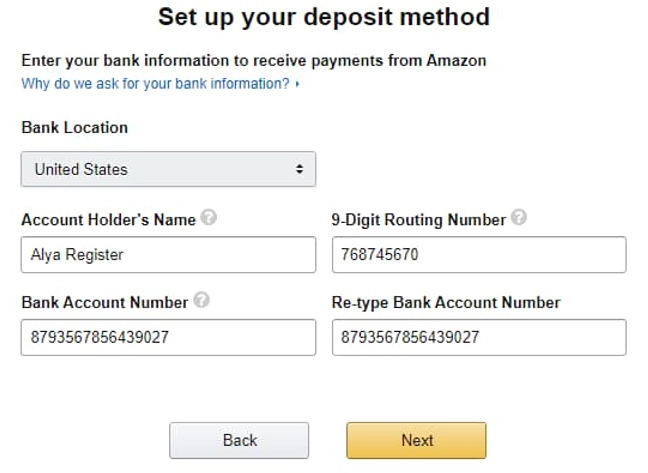 Amazon указываем номер банковского счета
