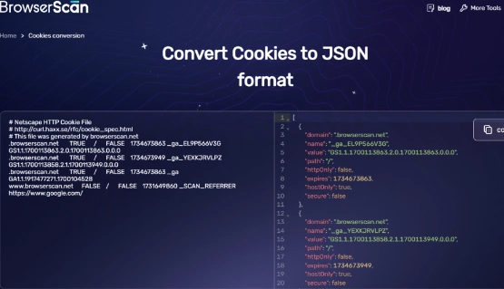 BrowserScan Конвертер файлов cookie из Netscape в JSON