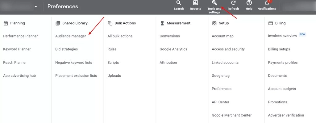 Google Ads: заходим во вкладку «Менеджер аудиторий»