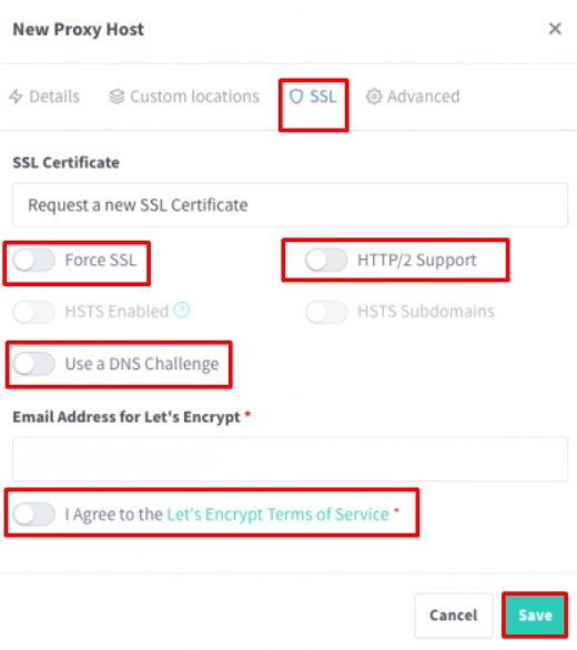Nginx Proxy Manager: setting up a security certificate