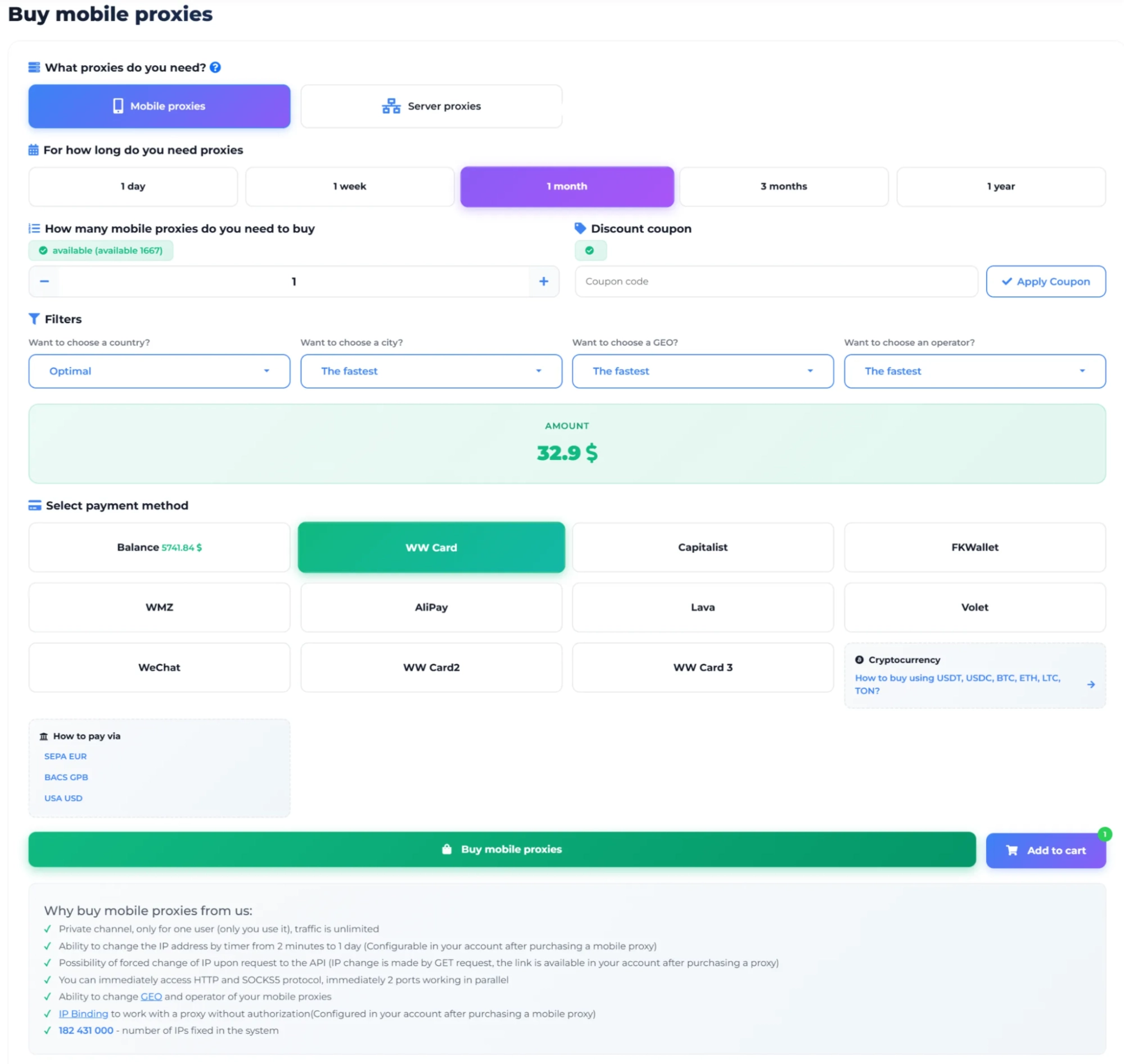 MobileProxy.Space'te proxy satın alma sayfası
