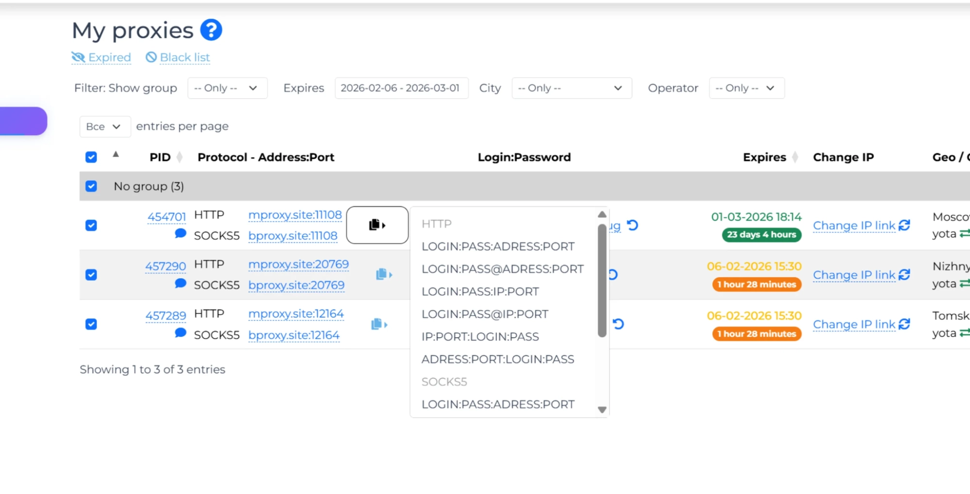 MobileProxy.Space kullanıcı panelinde proxy bağlantı bilgileri