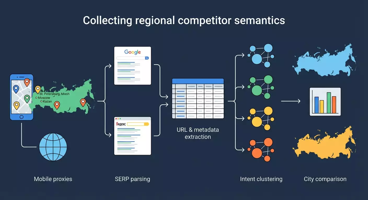 Как собрать семантическое ядро конкурентов по регионам через мобильные прокси: пошаговый гайд